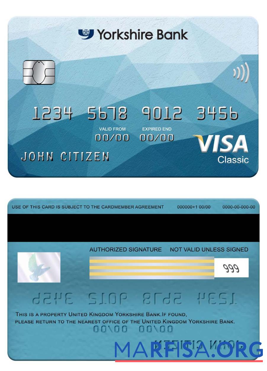Printable United Kingdom Yorkshire Bank visa classic card sample